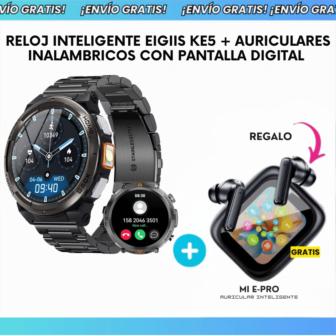 Reloj Inteligente Smart Watch EIGIIS KE5 + Audifonos Inalambricos de Regalo